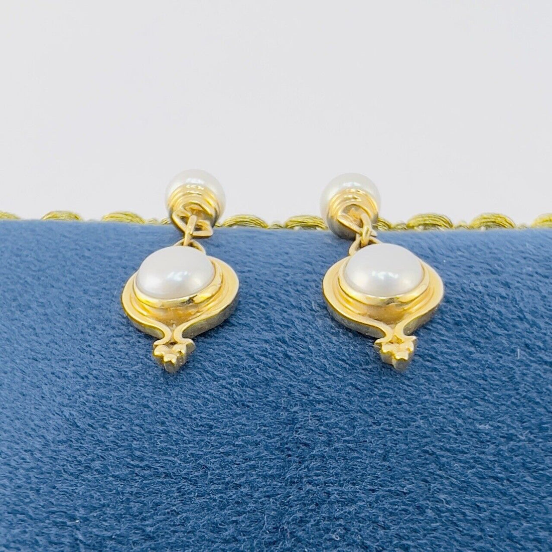 Solid 14k Yellow Gold Genuine Pearl Dangle/Drop Earrings, New 1.14”