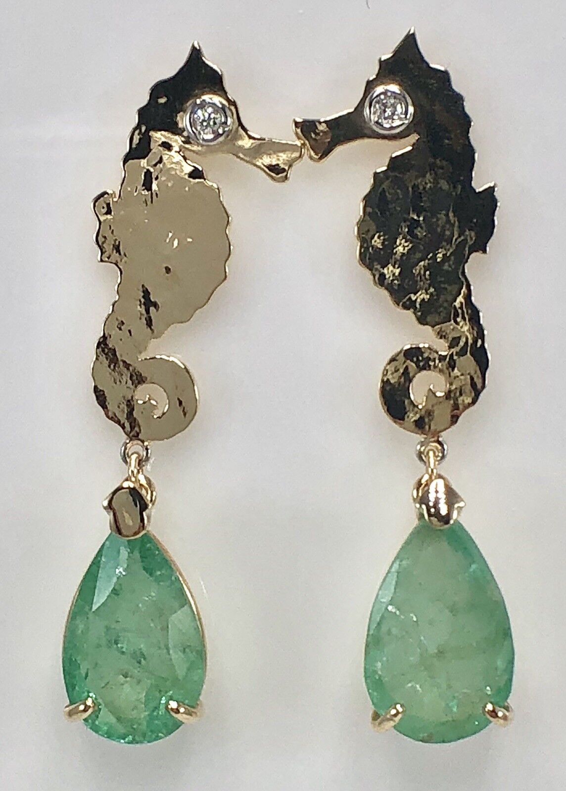 Colombian Emerald & Diamond 14K Yellow Gold Seahorse Dangle Earrings, New