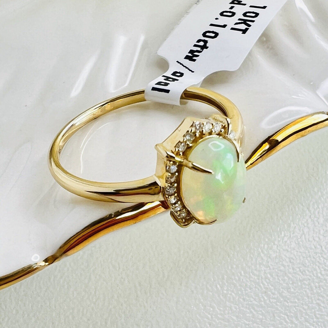 Solid 10k Yellow Gold Genuine Opal & Diamond Halo Ring, Size 7 New