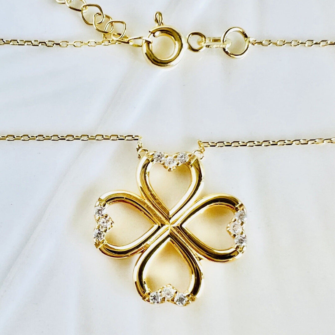 Solid 14k Yellow Gold Lucky Clover Cubic Zirconia  Pendant/Necklace New 18"