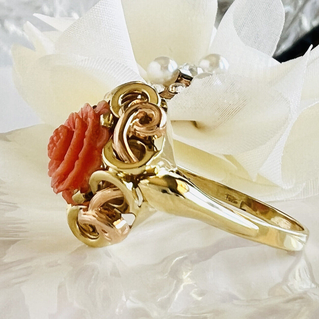 Antique Untreated Red/Orange Coral Rose Carving  Solid 14k Gold Ring, Size 8