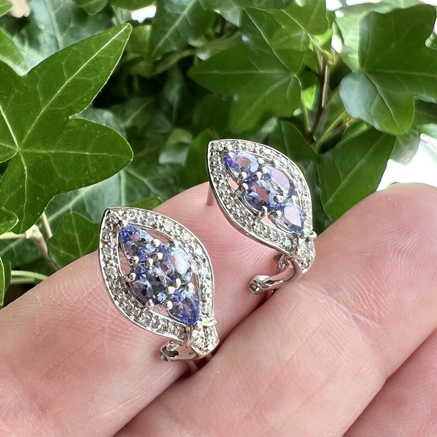 Solid 14k White Gold Genuine Tanzanite & Diamond Post/Omega Clip Earrings, New