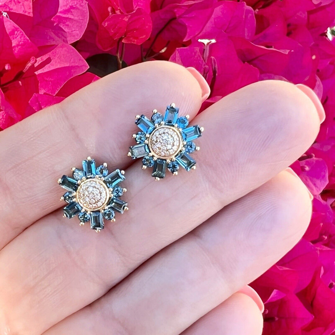 London Blue Topaz & Diamond Sunburst Solid 10k Yellow Gold Stud Earrings, New