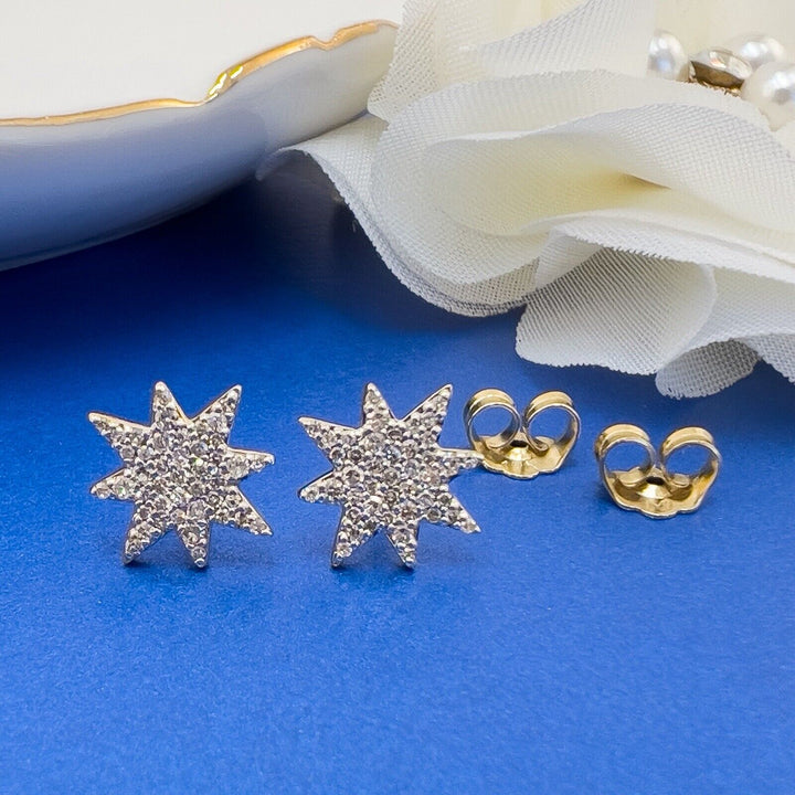 10k Yellow Gold Genuine Diamond Starburst Screw-back Stud Earrings, New