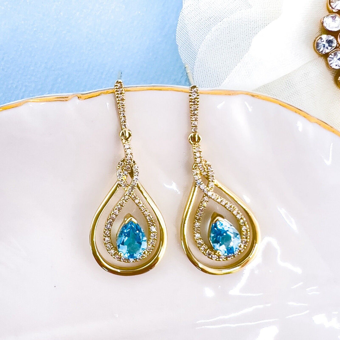 Genuine Swiss Blue Topaz & Diamond 10k Yellow Gold Dangle/Drop Earrings, New