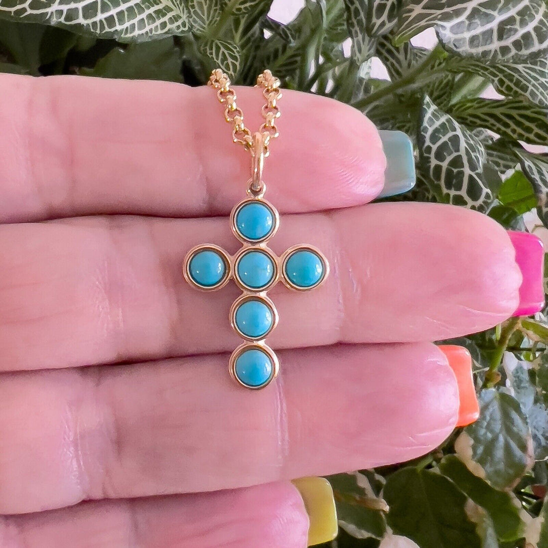 14k Yellow Gold Natural Turquoise Cross Pendant, New 1.18"