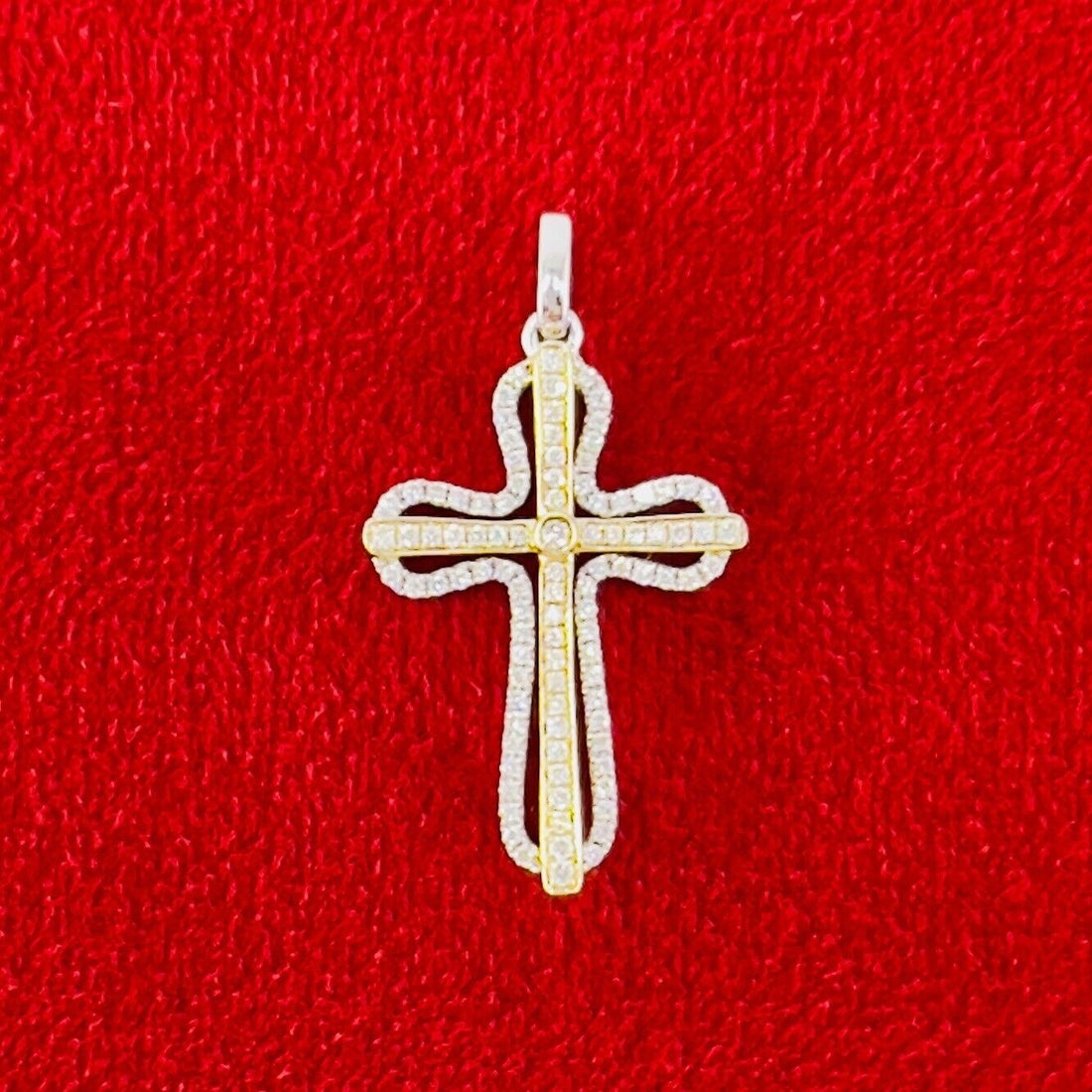 Solid 14k Two-Tone Gold & Genuine Diamond Cross Pendant, New 1.2”