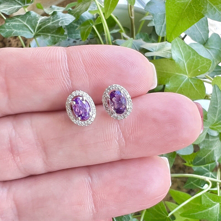 Solid 10k White Gold Genuine Amethyst & Diamond Halo Oval Stud Earrings, New