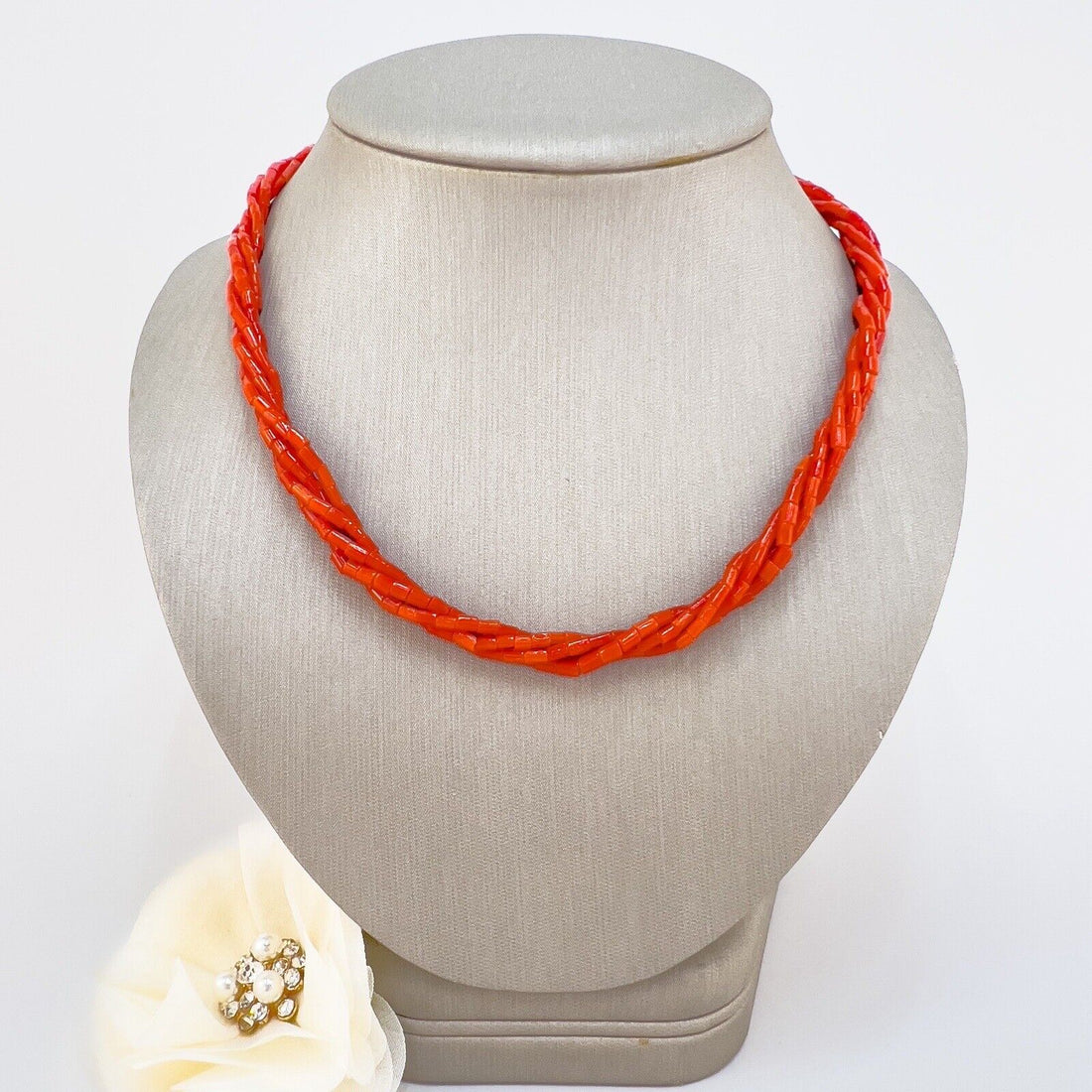 Natural Mediterranean Red Coral Multi-Strand 14K Yellow Gold Necklace, New 17.7"