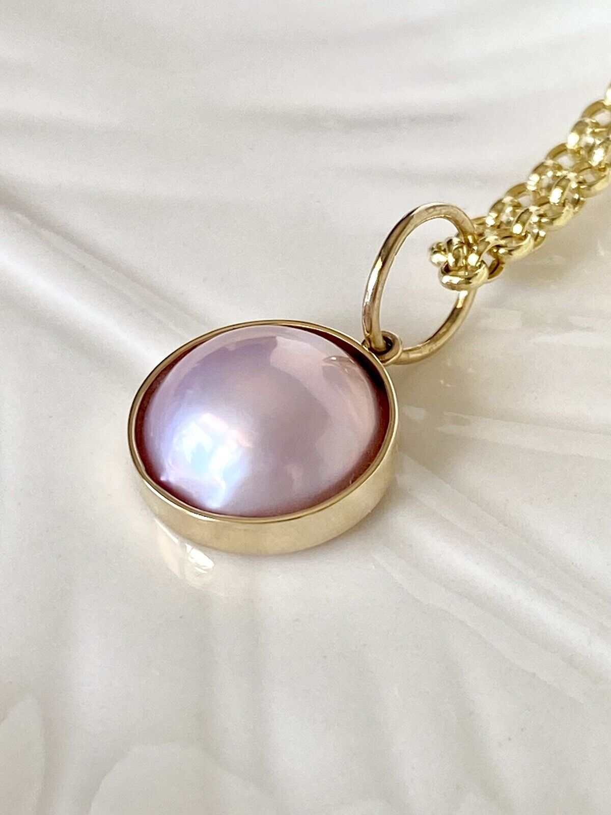 Genuine Pink Mabe Pearl (11mm) Solid 14K Yellow Gold Pendant, New