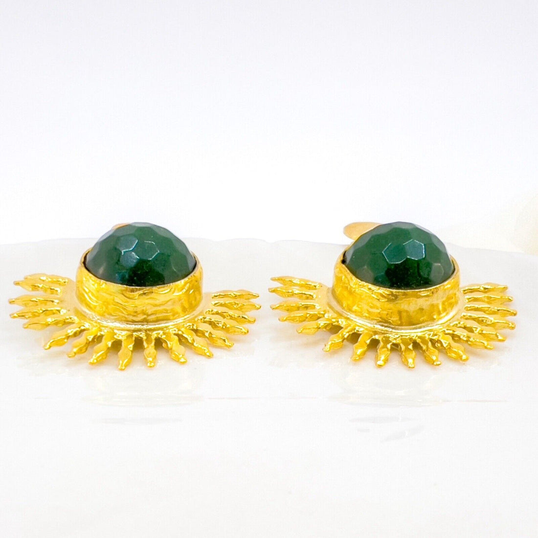 Etruscan Style Green Quartz Heavy Gold Plated Sunburst Dangle Earrings New 1.48"