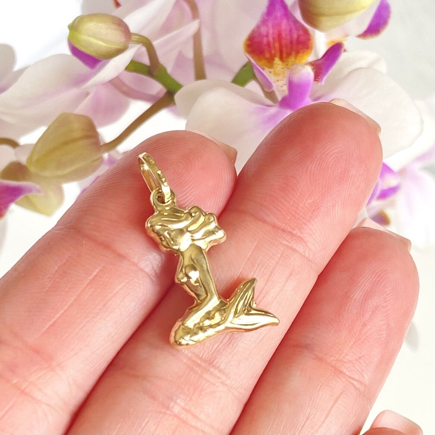 Adorable 14k Yellow Gold Puffy 3D Mermaid Pendant, New, 1.08"