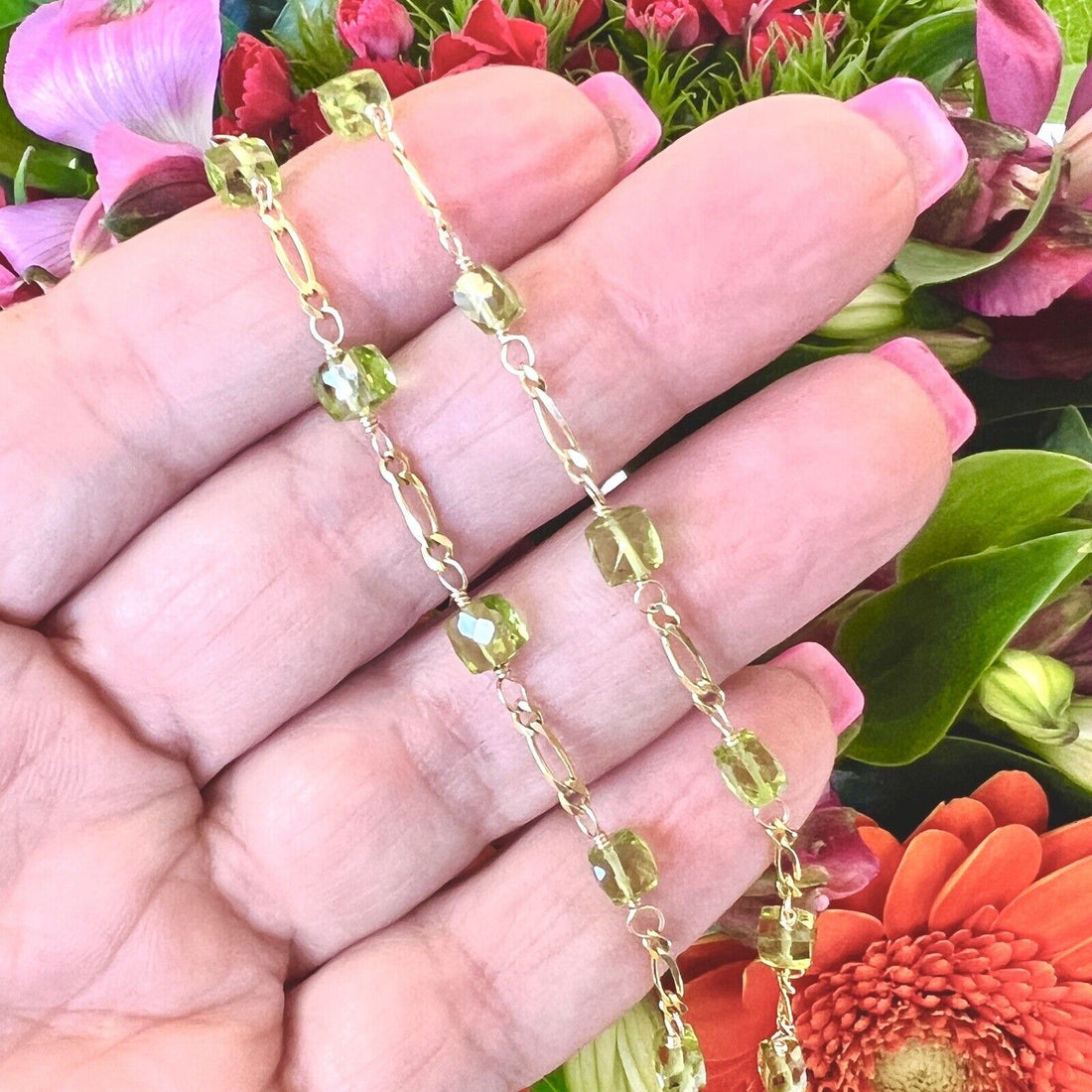 Solid 14k Yellow Gold Genuine Peridot Cube Station Chain Necklace, New 16.75”