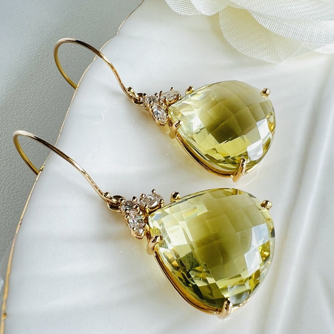 Solid 14k Yellow Gold Genuine Lemon Citrine (27ct) & Diamond Dangle Earrings