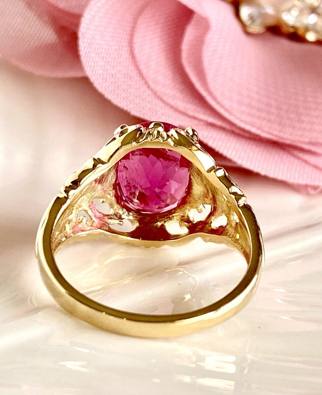 Genuine Pink Tourmaline & Solid 14k Yellow Gold Ring, New, Sz. 5.25