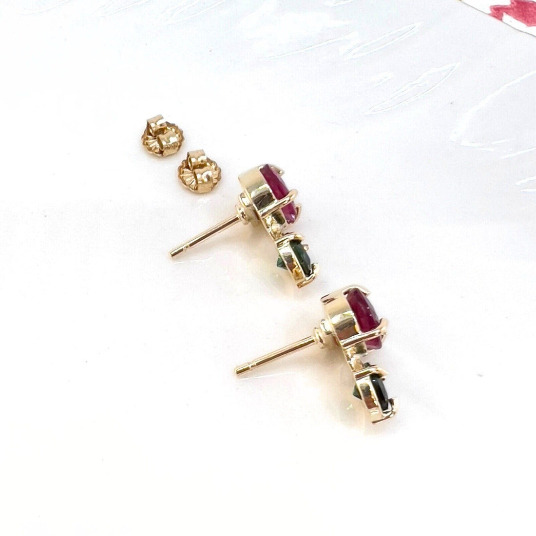 Handcrafted 14k Yellow Gold Genuine Pink & Green Tourmaline Stud Earrings, New