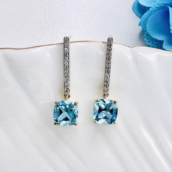 Solid 10k Yellow Gold Genuine Swiss Blue Topaz & Diamond Dangle Earrings, New