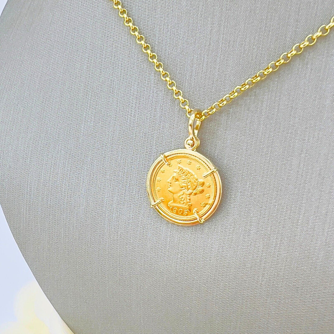 Genuine 1905 US Liberty Head 2.5 Dollar Quarter Eagle Coin With 14k Gold Pendant