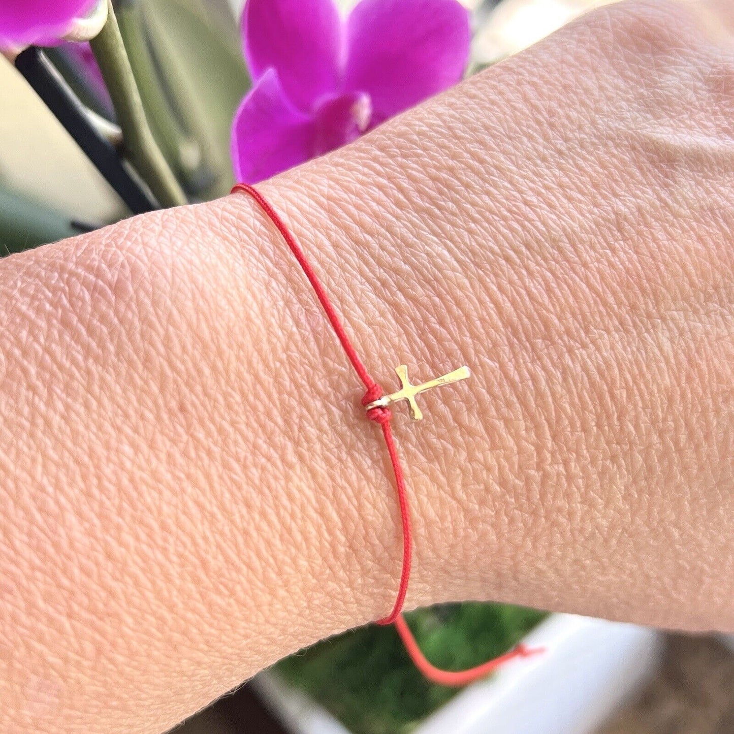 Solid 14k Yellow Gold Mini Cross Adjustable Bracelet/Anklet, Red, New