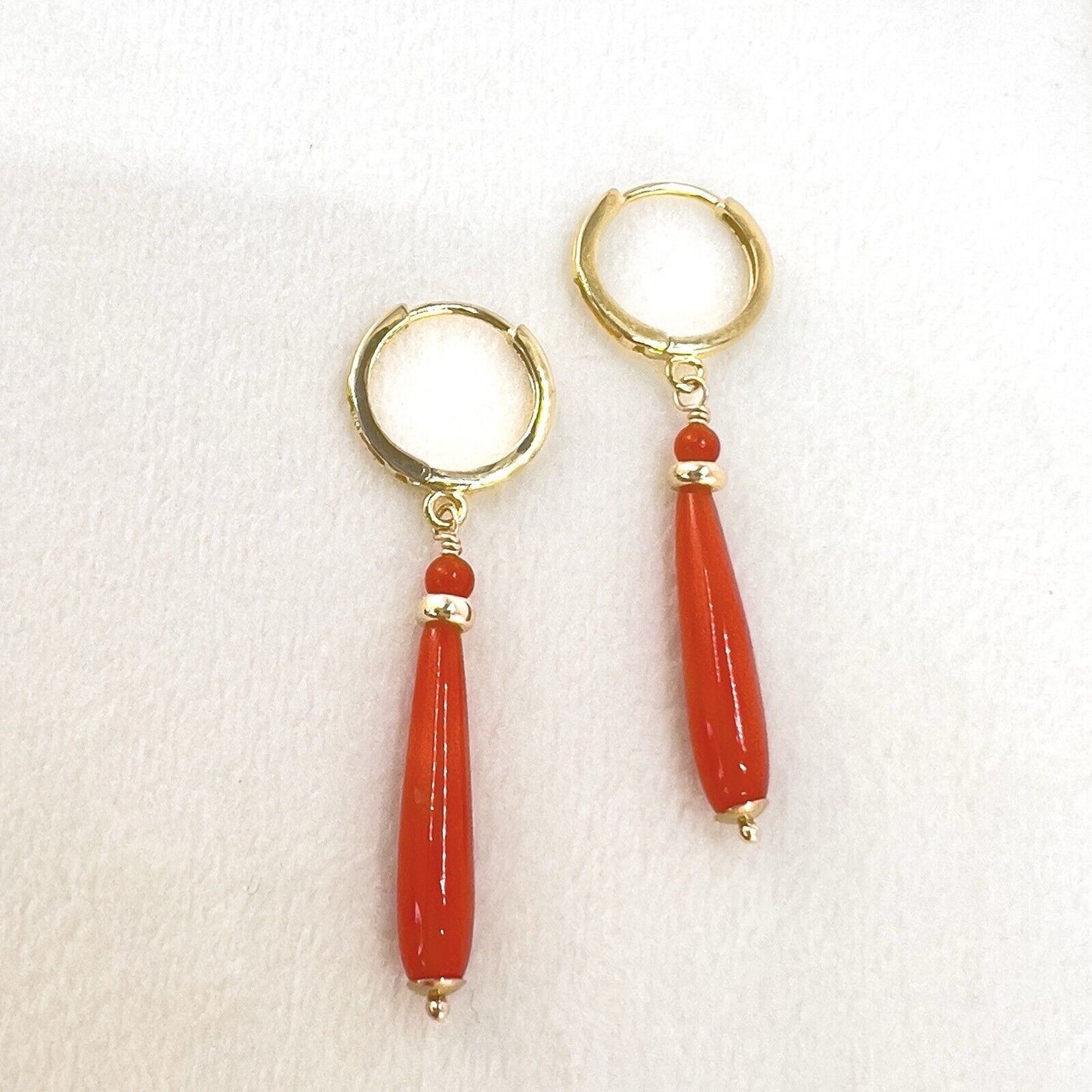 Natural Mediterranean Red Coral 14k Yellow Gold Dangle Huggie Earrings New 1.56"