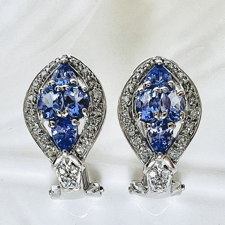 Solid 14k White Gold Genuine Tanzanite & Diamond Post/Omega Clip Earrings, New