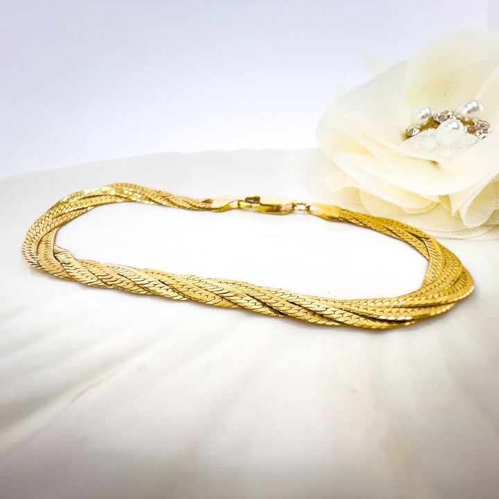 Solid 14k Yellow Gold Herringbone Flat Braided Bracelet, Italy 7.25"