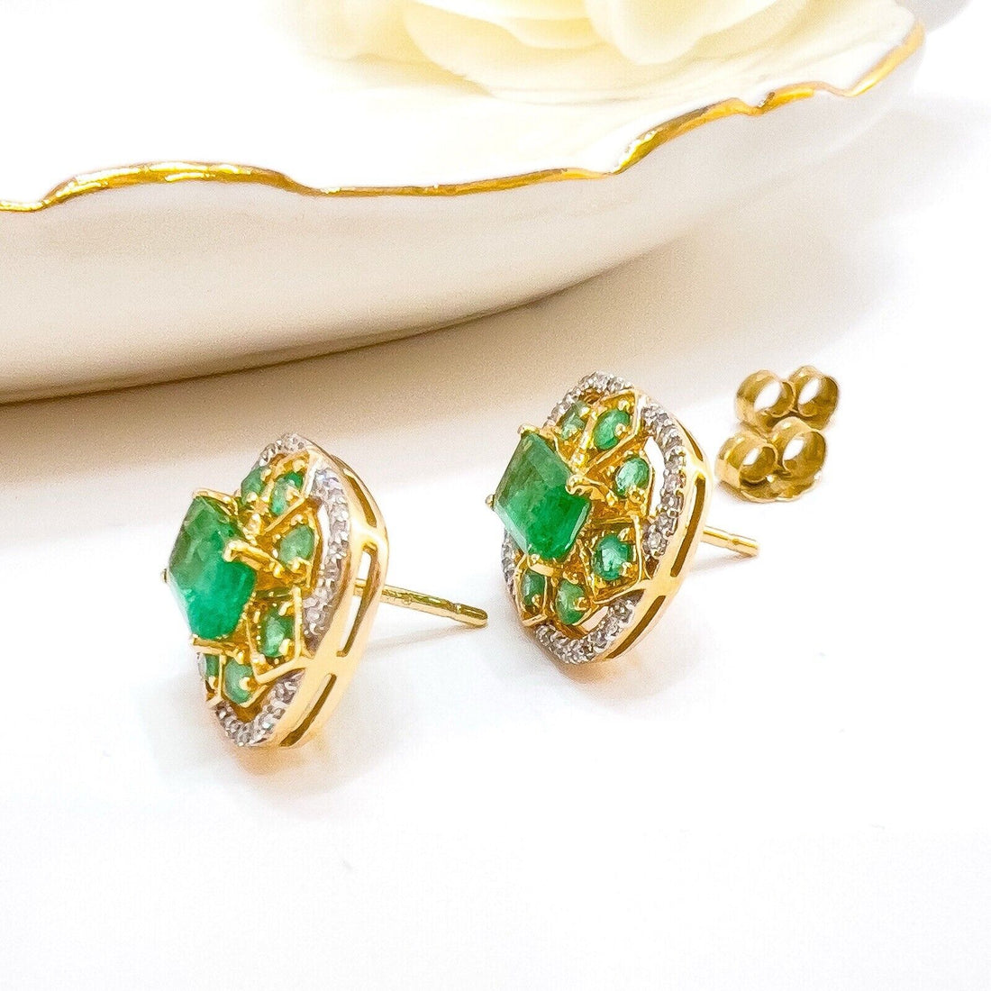 14k Yellow Gold Genuine Emerald & Diamond Stud Earrings, New