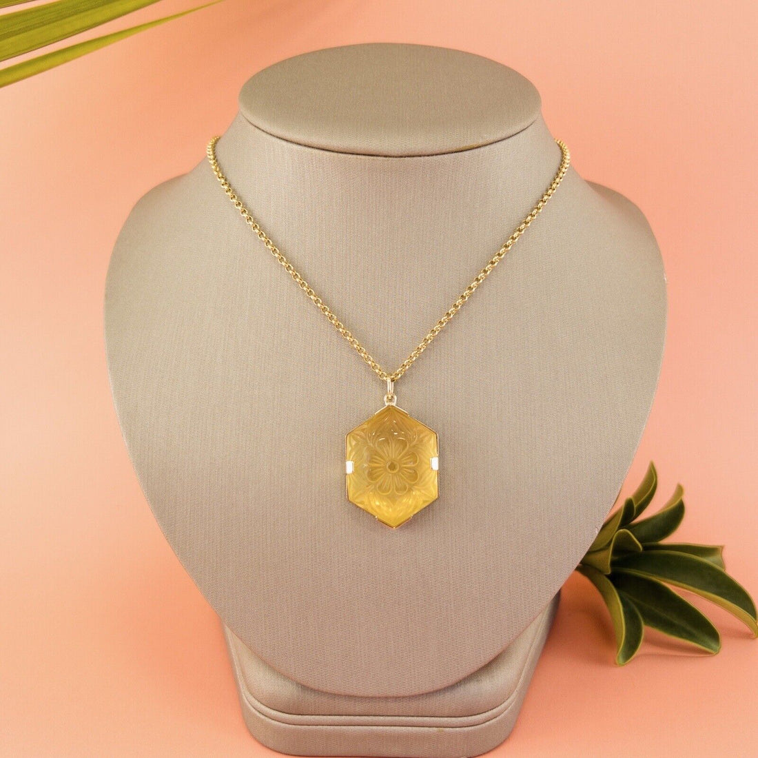 14k Yellow Gold Unique Hexagon Yellow Citrine Flower Carved Statement Pendant, N