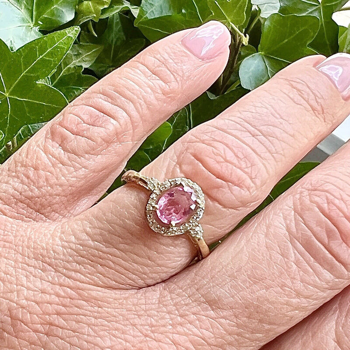 Solid 10k Yellow Gold Genuine Pink Sapphire & Diamonds Halo Ring, New, Size 7