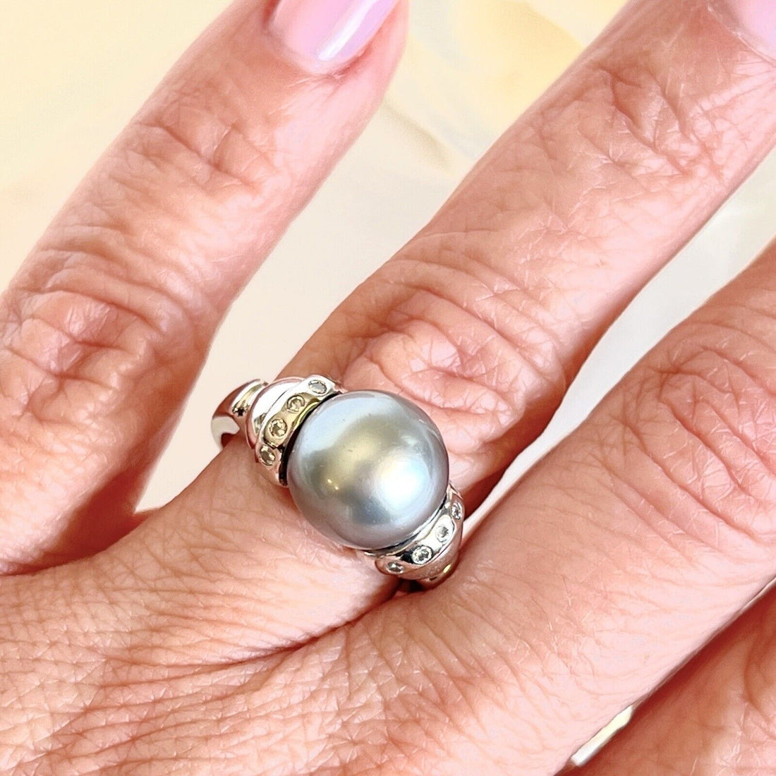 Top-Quality Tahitian Gray Pearl & Diamond Solid 14k White Gold Ring, New Sz. 7.5