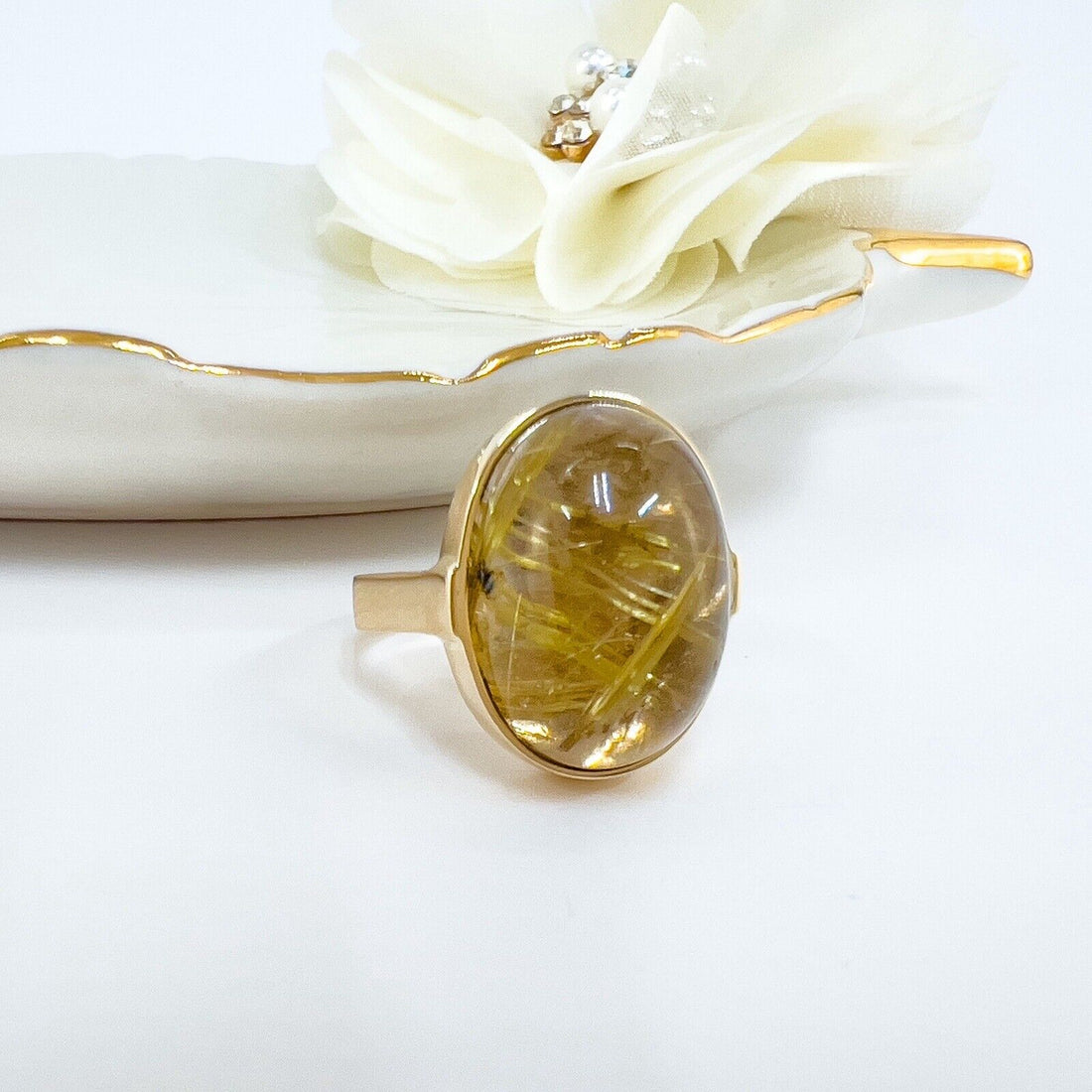 Solid 14k Yellow Gold Genuine Rutilated Quartz Ring, Size 7