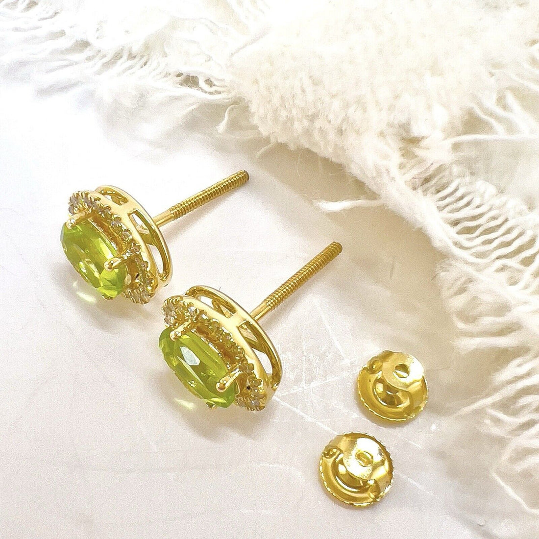 10k Yellow Gold Genuine Peridot & Diamond Halo Stud Earrings, New