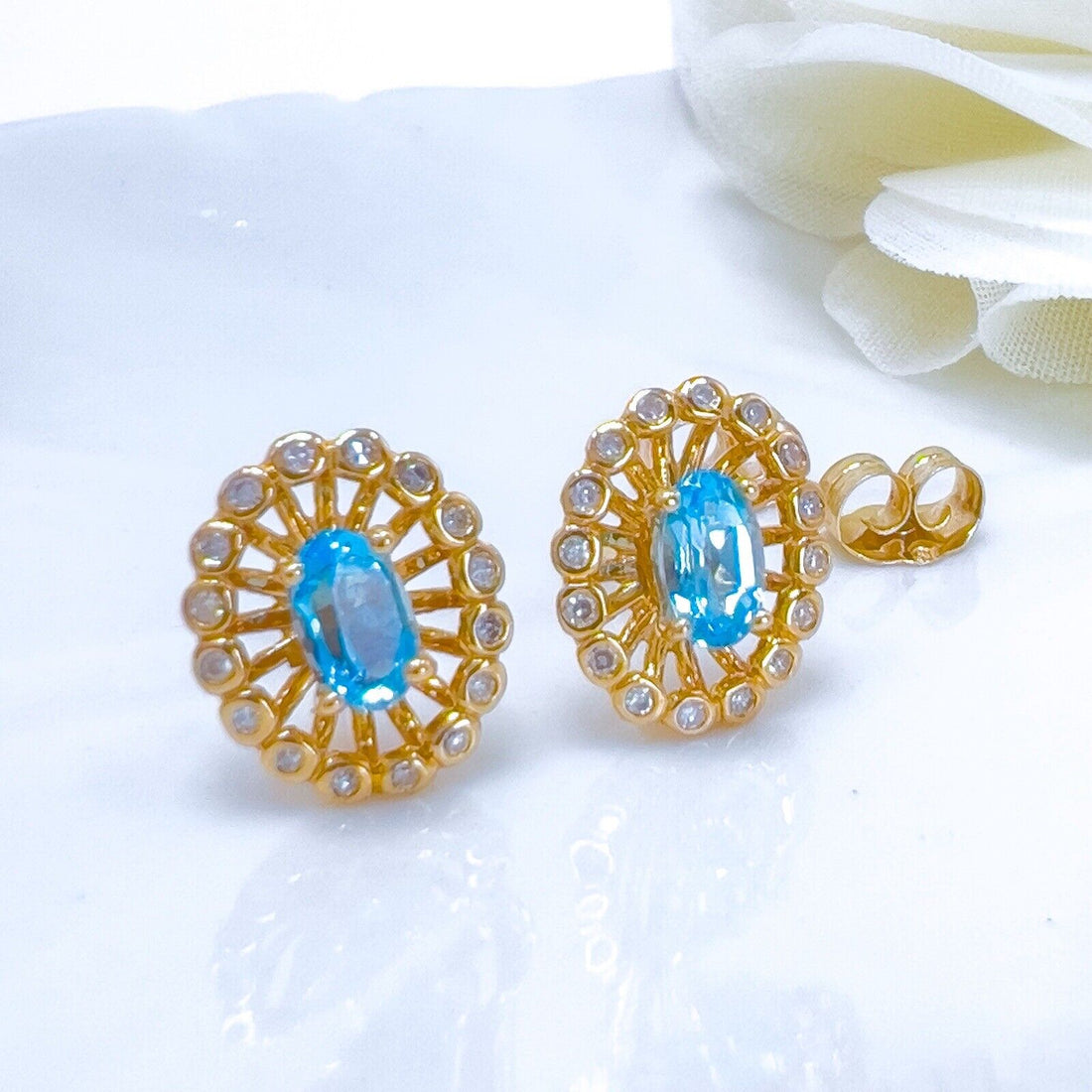 14k Yellow Gold Swiss Blue Topaz & Diamond Halo Oval Stud Earrings, New