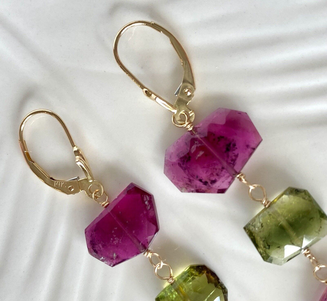 Natural Tourmaline (27.1ct) & 14k Yellow Gold "Wind Chime" Dangle Earrings, New