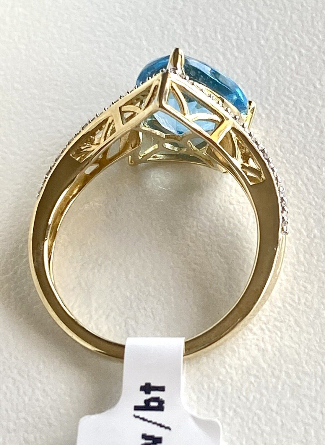 Genuine Blue Topaz Trillion & Diamond Solid 10k Yellow Gold Ring, New, Size 7