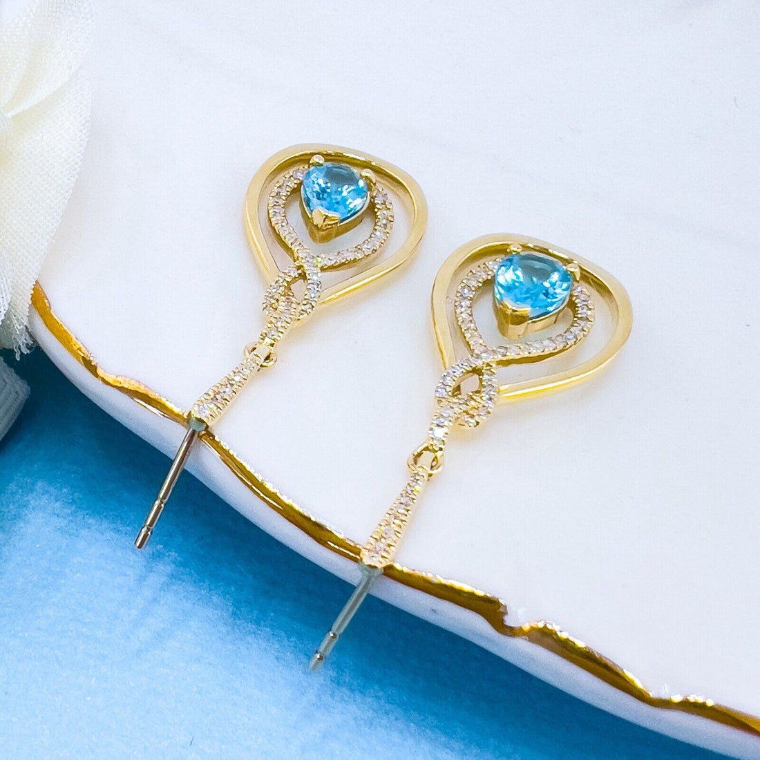 Genuine Swiss Blue Topaz & Diamond 10k Yellow Gold Dangle/Drop Earrings, New