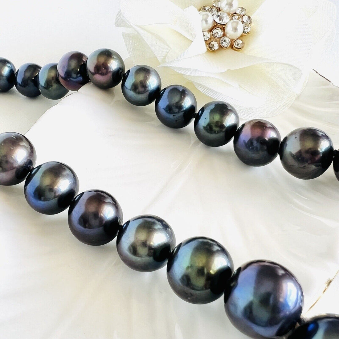 Solid 14k White Gold 12-13.5mm Genuine Black Pearl Necklace, New 17.5"