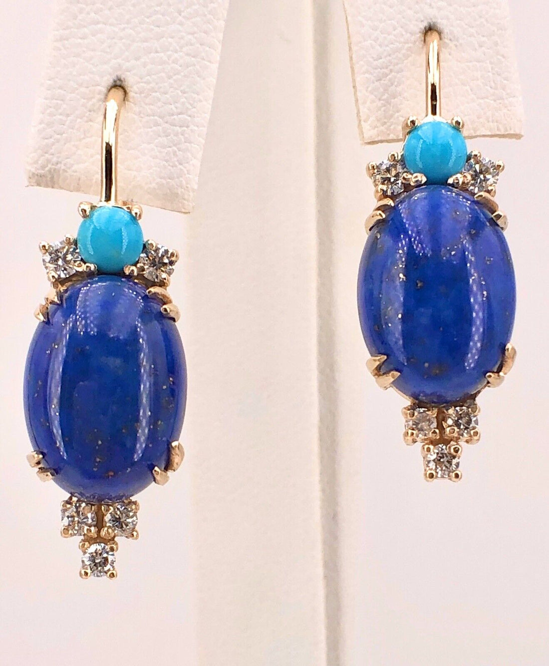 Genuine 14k Gold, Natural Lapis Lazuli, Turquoise & Diamond Dangle Earrings, New