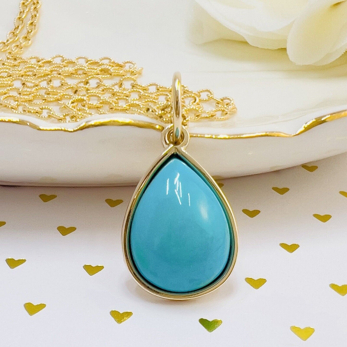Natural Persian Turquoise 14k Yellow Gold Drop Pendant, Unisex, Handcrafted