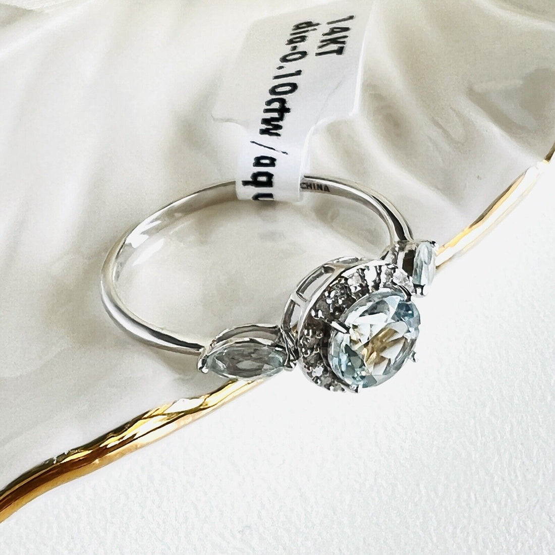 Solid 14k White Gold Genuine Aquamarine & Diamond Halo Ring, New, Size 8