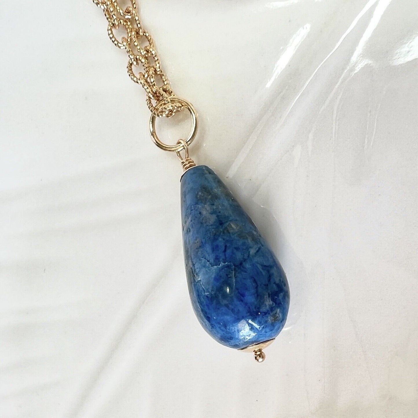 Solid 14k Yellow Gold Natural Lapis Lazuli Drop Pendant, 1.24", New A