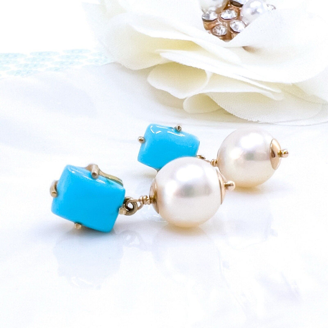 14k Yellow Gold Sleeping Beauty Turquoise & Akoya Pearl Dangle Earrings, New