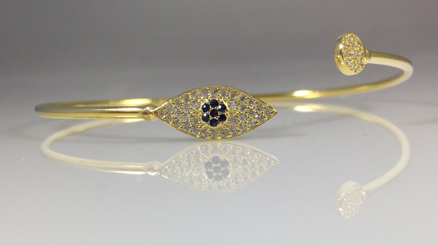 Lucky Eye Bangle Bracelet 18kt Gold Overlay Sterling Silver Pave Cz & Sapphire