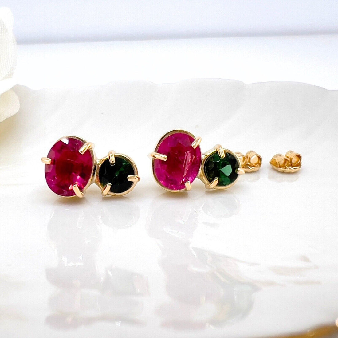 Handcrafted 14k Yellow Gold Genuine Pink & Green Tourmaline Stud Earrings, New