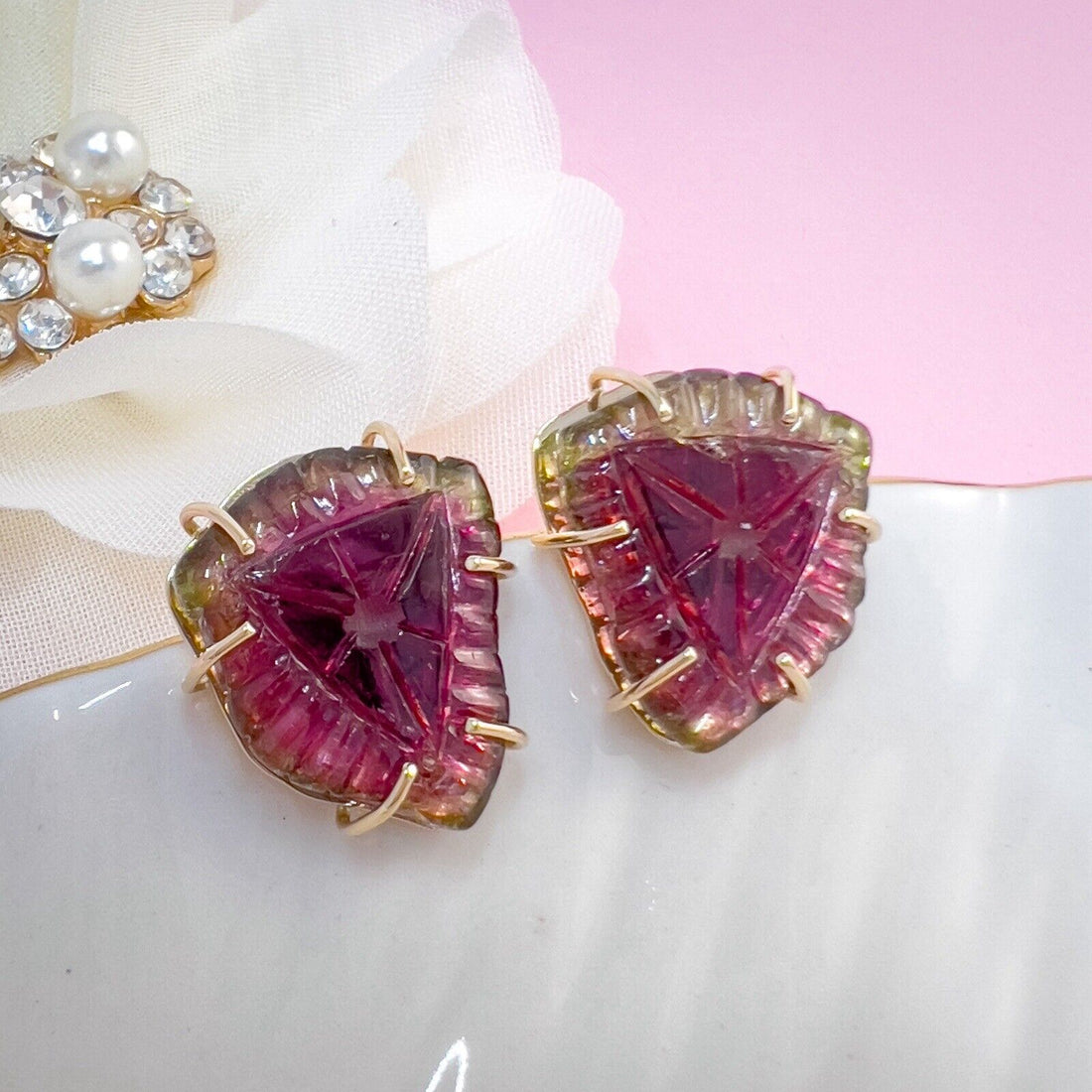 Unique 14k Yellow Gold Watermelon Tourmaline Custom-Made Stud Earrings