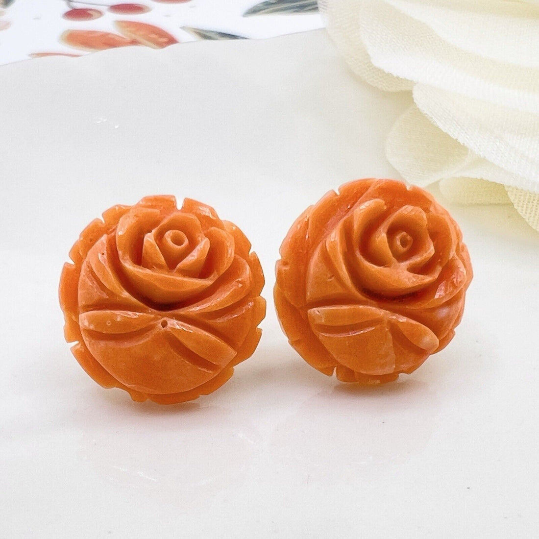 14k Gold Genuine Japanese Orange Coral Carved Rose Stud Earrings, New