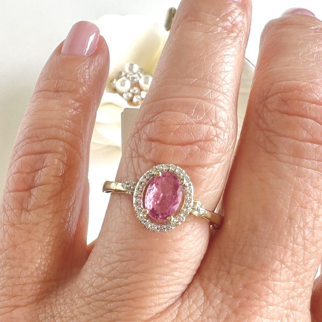 Solid 10k Yellow Gold Genuine Pink Sapphire & Diamonds Halo Ring, New, Size 7