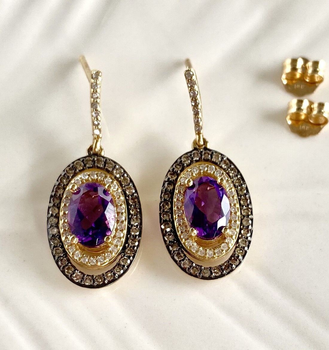 Solid 14k Yellow Gold Genuine Amethyst & Diamond Halo Dangle/Drop Earrings, New