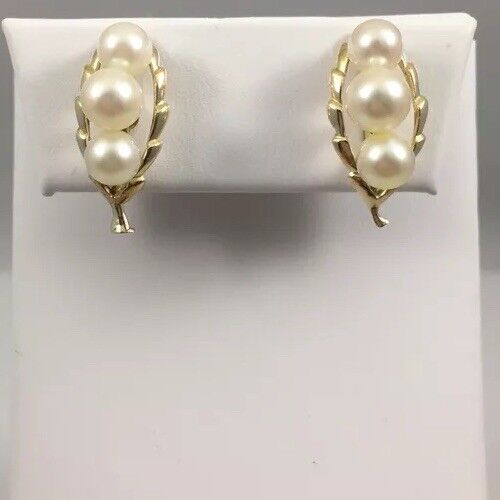 Classic Akoya Pearl Leaf Design Solid 14k Gold, Screw Back Earrings, Unpierced