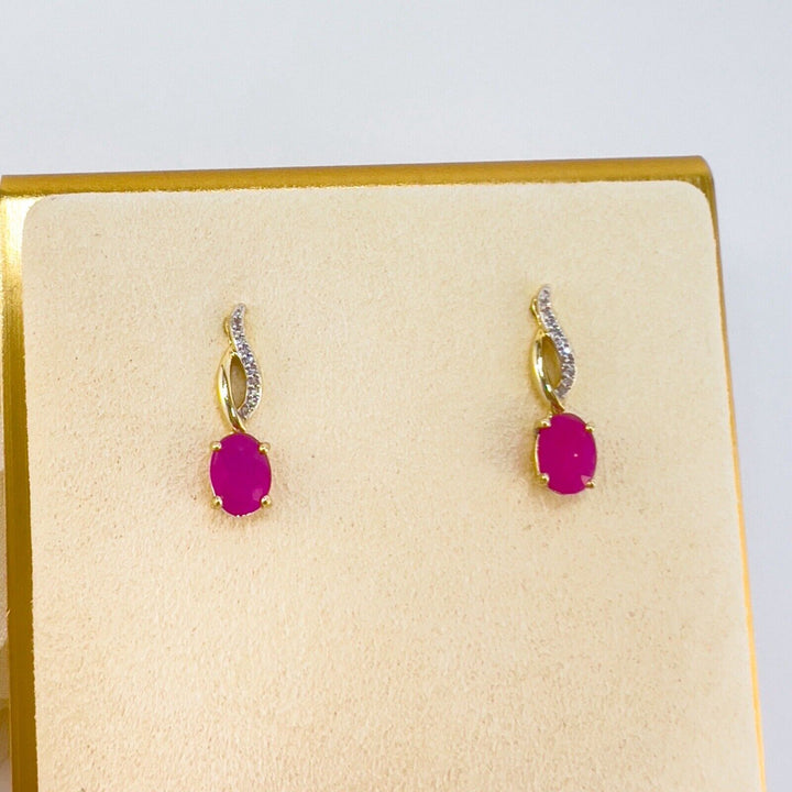 Solid 10k Yellow Gold Genuine Ruby & Diamond Dangle/Drop Earrings, New